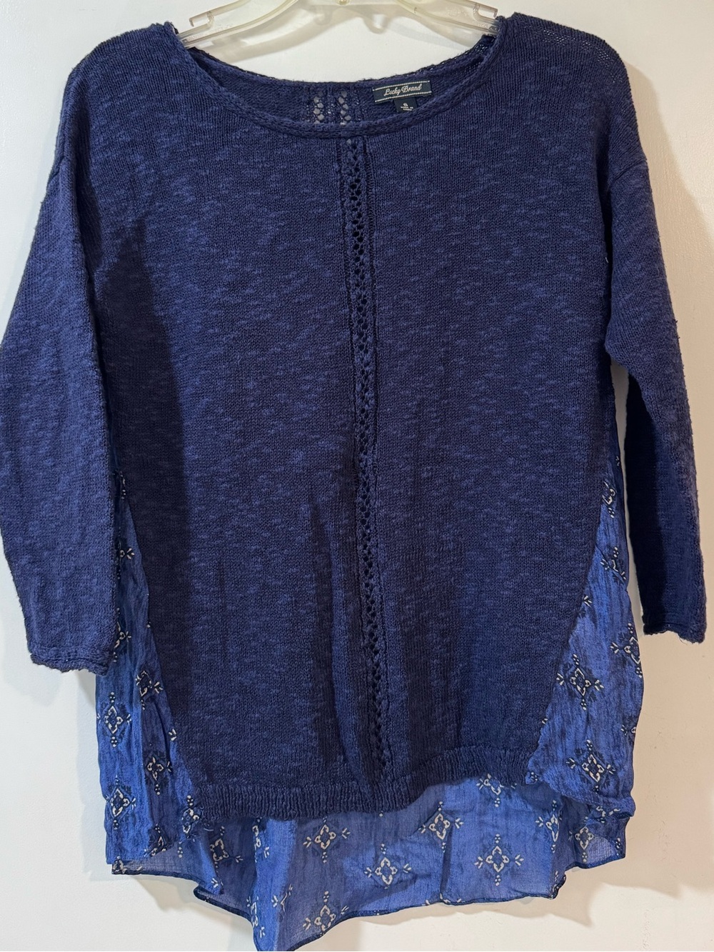 Lucky Brand Deep Navy Knit Top with patterned detail